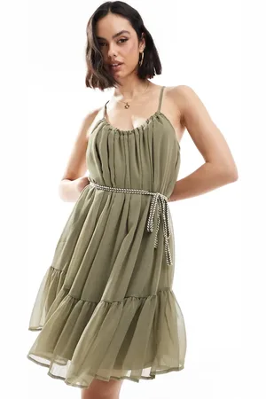ONLY Drop hem mini dress with detachable belt in khaki