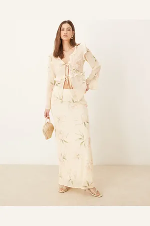 Pretty Lavish Textured chiffon maxi skirt co-ord in cream floral