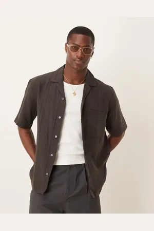 MANGO Relaxed cotton textured short sleeve shirt in chocolate