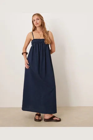 ASOS Soft denim smock maxi dress with shirring bust in rinse