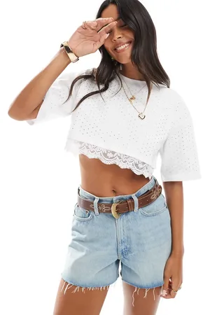 The Frolic Exclusive hotfix oversized crop top with peekaboo lace detail in