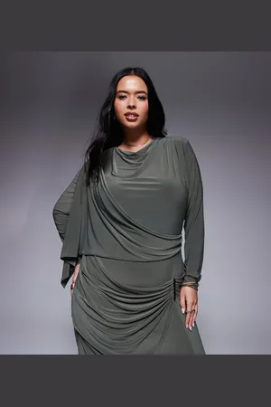 ASOS ASOS DESIGN Curve long sleeve drape maxi dress with hitched skirt and trim in khaki