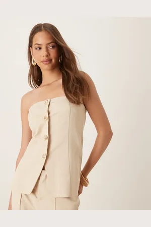 SNDYS Linen look bandeau gold button split front tie back waistcoat co-ord in cream