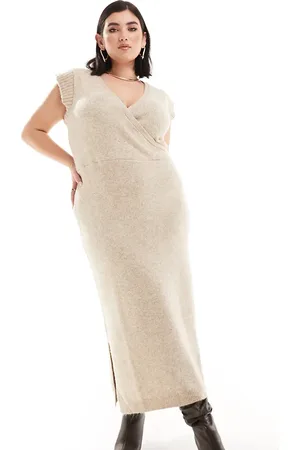 River Island Wrap midi knit dress in beige