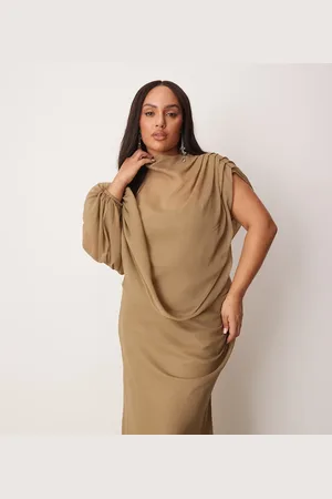 ASOS ASOS DESIGN Curve high neck draped bodice asymmetric maxi dress with cut out in taupe