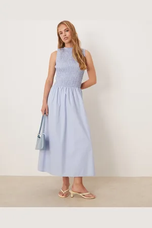 Kiss The Sky Shirred drop waist midi dress in sky