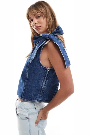 ASOS Denim bow shoulder top in indigo
