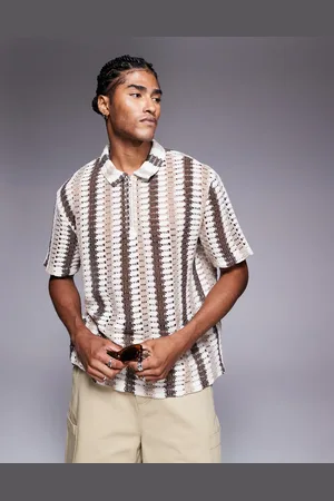 ASOS Boxy relaxed zipped polo in neutral striped crochet