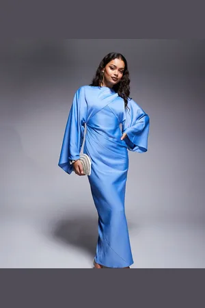 ASOS ASOS DESIGN Petite wrap front batwing satin bias maxi dress in dusky
