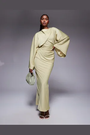 ASOS Wrap front batwing satin bias maxi dress in soft olive