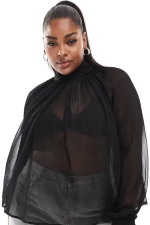 ASOS ASOS DESIGN curve sheer high neck blouse with tie cuff detail in
