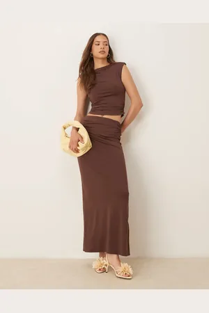 SNDYS Ruched detail back split maxi skirt co-ord in chocolate
