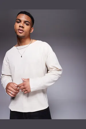 ASOS Oversized boxy linen mix open neck t-shirt in beige