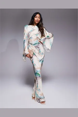 ASOS Wrap front batwing satin bias maxi dress in abstract print