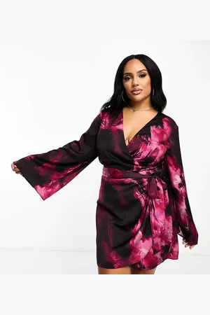 ASOS ASOS DESIGN Curve exclusive satin wrap mini dress with tie waist in abstract print