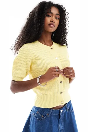 ASOS Textured boucle short sleeve cardigan with gold buttons in buttermilk