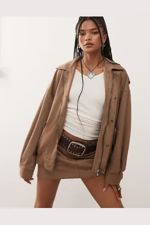 Lioness Kenny faux suede collared bomber jacket in light tan