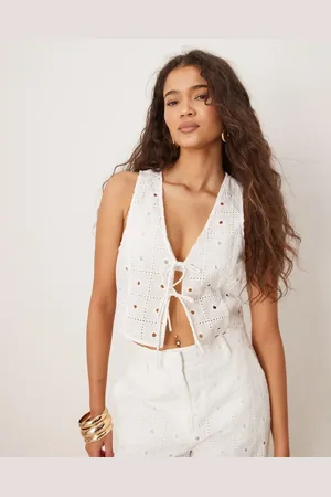 MANGO Cotton floral broderie tie front waistcoat co-ord in