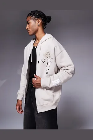 Liquor N Poker Oversized graphic motif two way zip hoodie in beige
