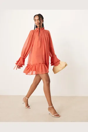ASOS Smock mini dress with tiered ruffle cuff & satin bows in burnt