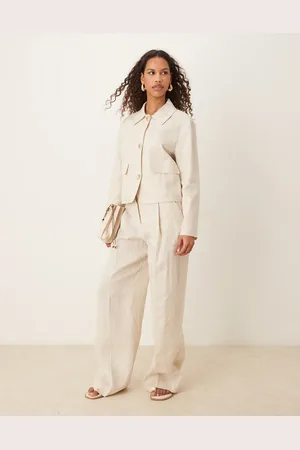 MANGO Wide leg tailored linen trouser with front pleat co-ord in stone