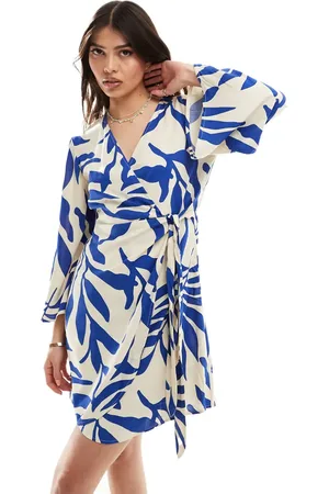 JDY Wrap kimono dress beige with blue palm print