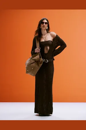 MANGO Cotton crochet tie front maxi dress in brown