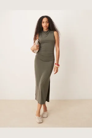 MANGO Ruched cinche waist detail soft touch maxi dress in washed khaki