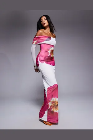 Kaiia Exclusive slinky deep bardot bodycon maxi dress in white and pink flower print
