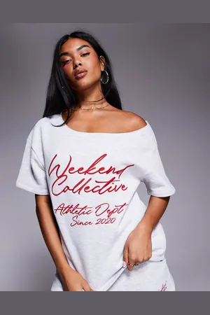 ASOS Weekend Collective co-ord off shoulder sweat with scribble logo in marl and red