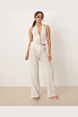MANGO Ramie crinkle tie waist co-ord trouser in