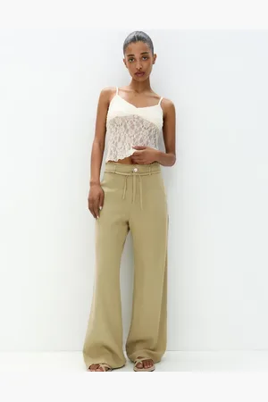 Pull&Bear Tie up waist frayed hem wide leg trousers in
