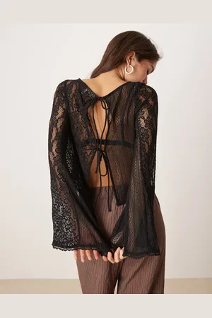 ASOS 2 in 1 long flared sleeve lace tie back top in