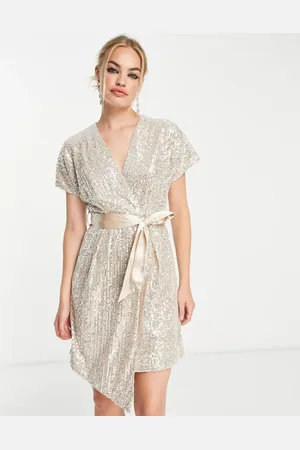 Closet Kimono wrap sequin mini dress in champagne