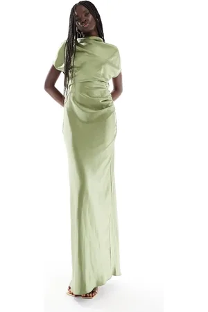 Six Stories Bridesmaid ruched drape satin maxi dress in moss