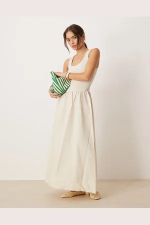 MANGO Fine knit contrast boddice with gathered waist in ecru