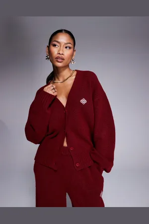 The Couture Club Co-ord oversized fluffy knitted cardigan in burgundy