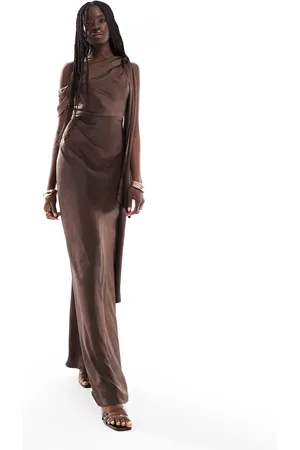Six Stories Bridesmaid bow one shoulder satin maxi dress in chocolate
