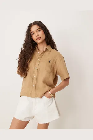 Ralph Lauren Cropped boxy fit short sleeve linen shirt in tan