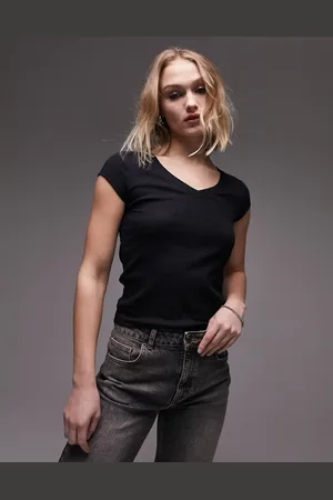Topshop Ribbed slim v neck tee in