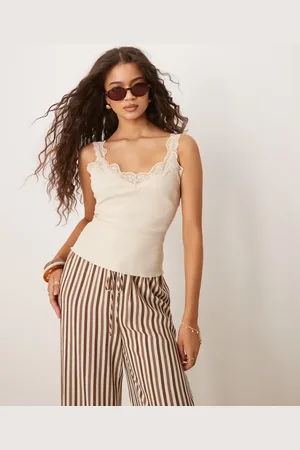MANGO Wide strap lace trim detail vest in beige