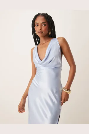 SNDYS Exclusive satin one shoulder strappy back thigh split maxi dress in