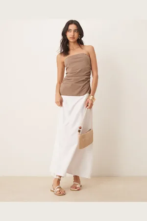 ASOS Bandeau midi dress with poplin skirt in mocha and white