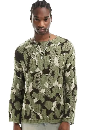 Reclaimed Unisex knitted animal camo print jumper with distressing in khaki