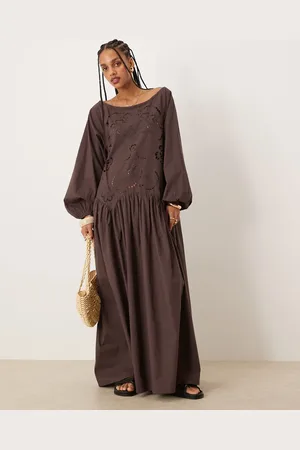 ASOS Ruched neck dropped waist maxi dress with floral cutwork in chocolate
