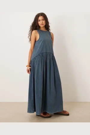 ASOS Slash neck smock midi dress with dropped waist in washed denim