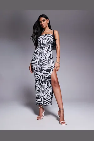 Missyempire Slinky bandeau thigh split maxi dress in black & white zebra print