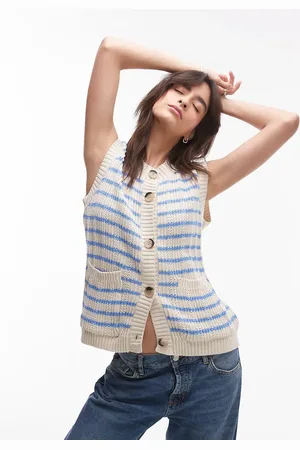 Topshop Knitted open stitch button down tank top in blue and ecru stripe