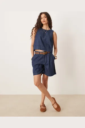 MANGO Cotton tailored longline denim short with dart detailing in indigo