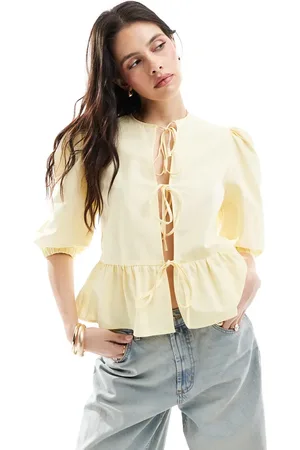 ASOS Cotton poplin tie front peplum blouse in pastel buttermilk